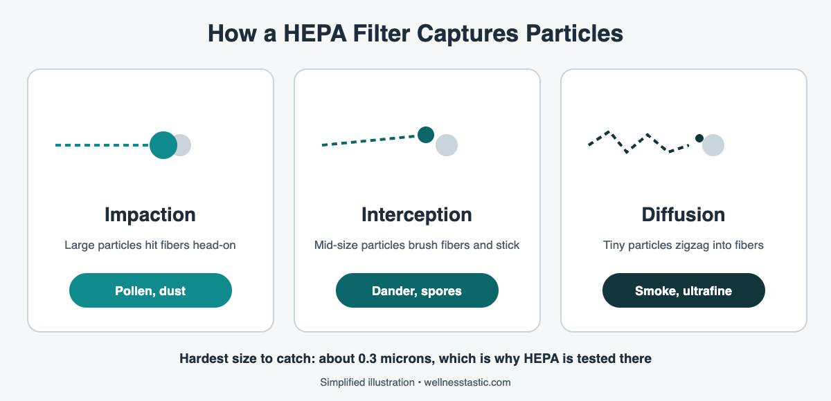 How a HEPA air purifier filter captures particles: impaction, interception and diffusion