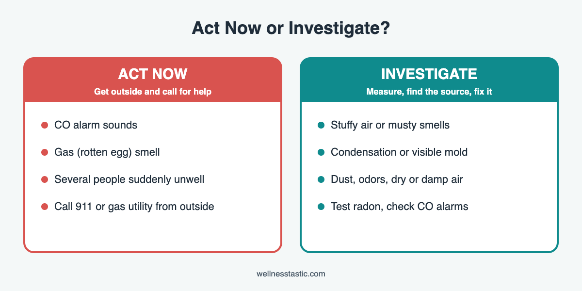 Indoor air quality signs that need emergency action versus signs to investigate