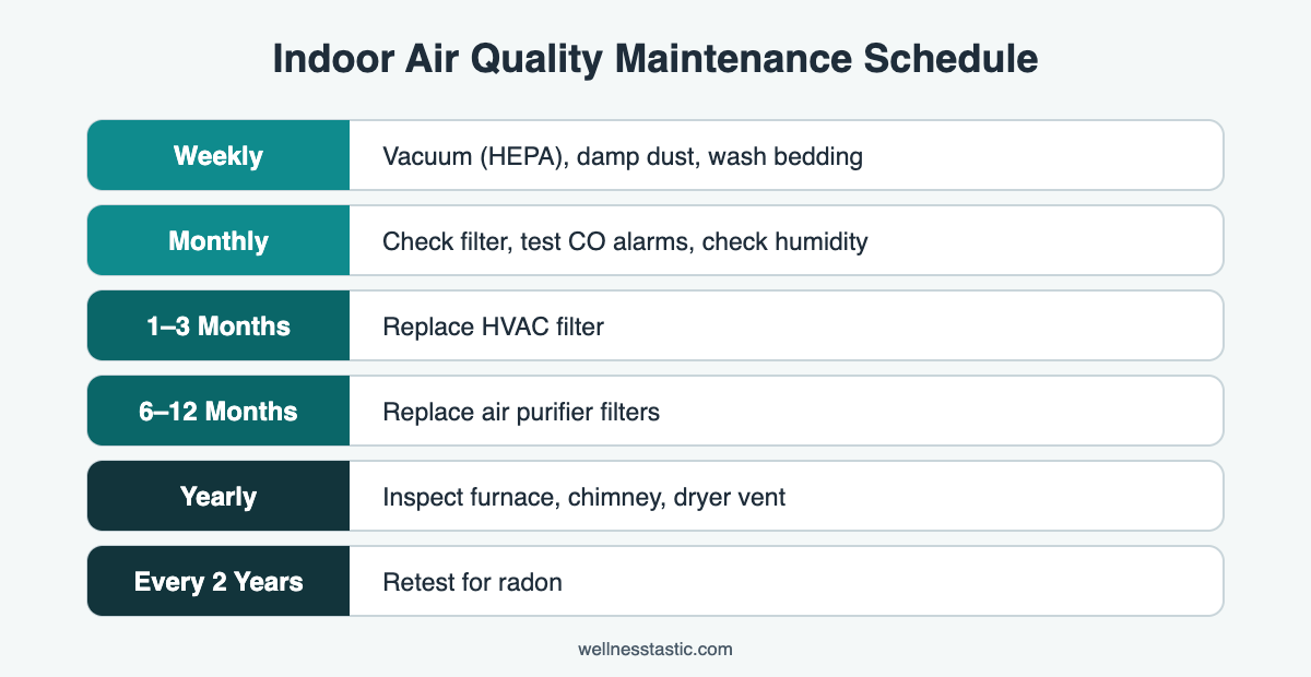 Indoor air quality maintenance schedule from weekly to every two years