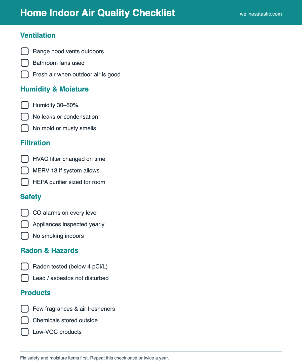 Printable one-page indoor air quality checklist