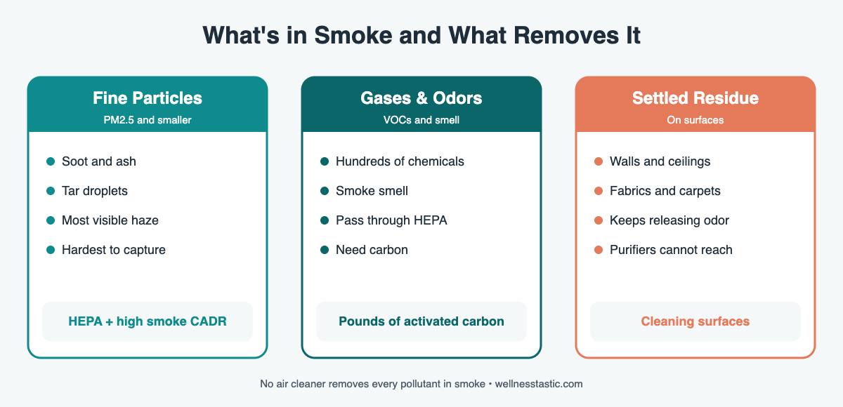 What is in smoke and what removes it: HEPA for particles, activated carbon for gases