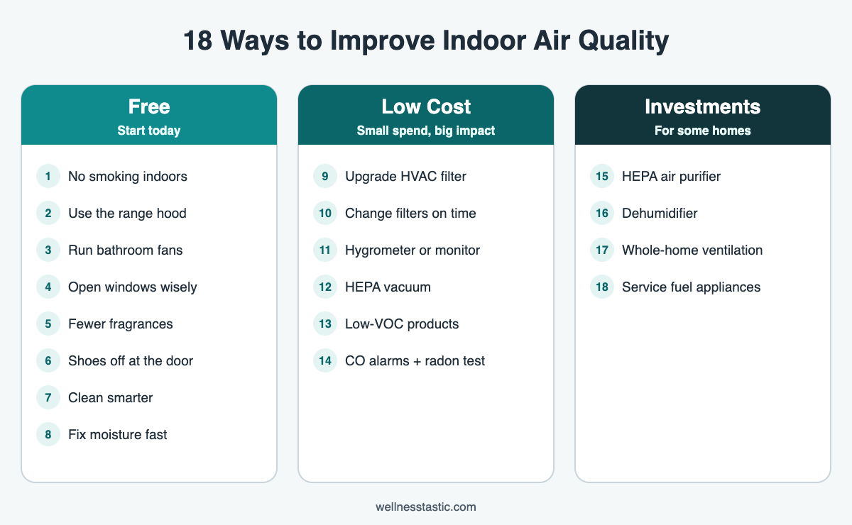 18 ways to improve indoor air quality grouped into free, low-cost and investment steps